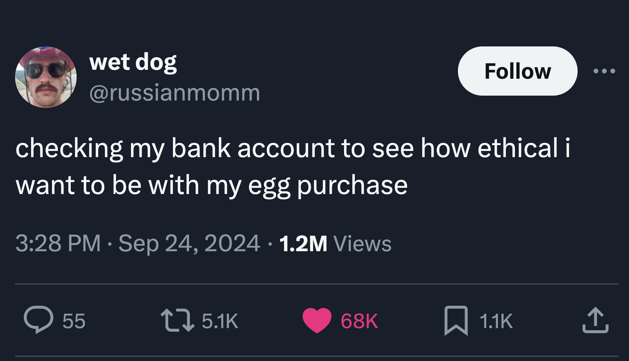 screenshot - wet dog checking my bank account to see how ethical i want to be with my egg purchase . 1.2M Views > 55 68K